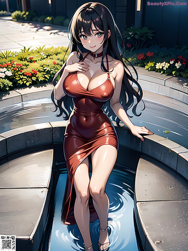 A woman in a red dress is standing in a pool.