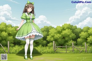 A woman in a green dress and white stockings posing for a picture.