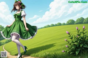 A girl in a green dress and white stockings standing in front of a wall of roses.