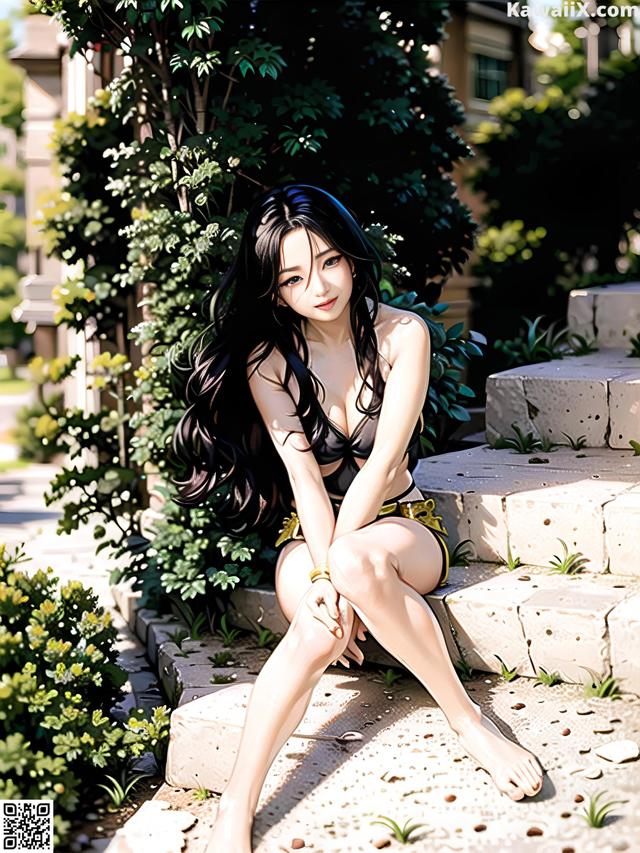 A woman sitting on the steps of a house.