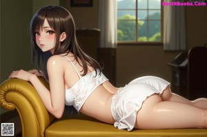 A woman in a white top and black shorts standing in a room.