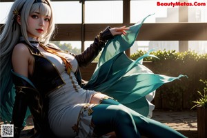 A girl with long black hair wearing a white and blue outfit.