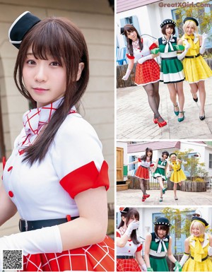 A group of three women dressed in maid outfits posing for a picture.