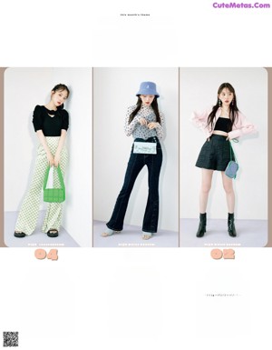 A magazine spread with a woman wearing a green shirt and pink pants.