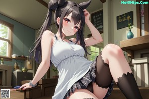 Anime girl in bunny ears posing in front of a desk.