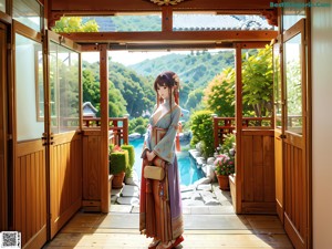 A woman in a blue and white outfit holding an umbrella.