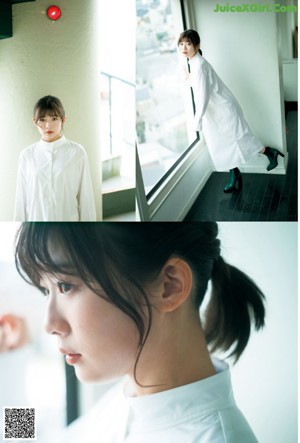 A woman in a white shirt is looking at the camera.