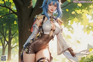 A woman with long blue hair wearing a white and black outfit.