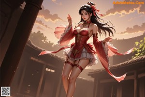 A woman in a red and white dress holding a flower.