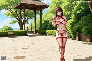 A woman in a revealing outfit poses outdoors with greenery in the background.