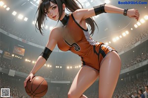 A woman in a basketball uniform crouching on a basketball court.