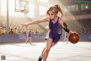 A girl in a basketball uniform holding a basketball on a court.