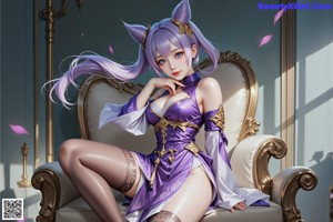 A woman in a purple dress with long purple hair.