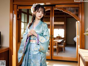 A woman in a blue kimono sitting on a bed.