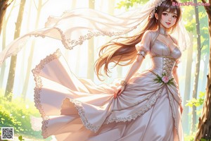 A woman in a white dress standing in a forest.