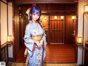 A woman in a kimono sitting on a bed.