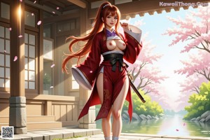 A woman in traditional attire holds a sword, standing on a path with cherry blossoms and greenery around.