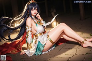 A woman sitting on top of a tree branch holding a flag.