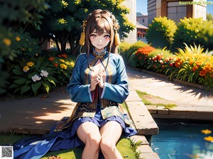 A woman in a kimono sitting on a bed.