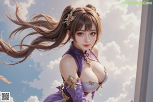 A woman in a purple dress sitting on a bed.