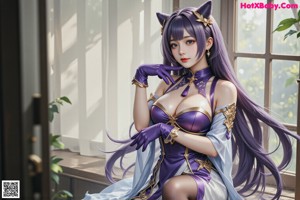 A woman in a purple dress sitting on a chair.