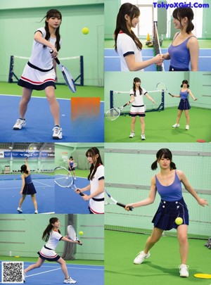 Two young women posing for a picture on a tennis court.