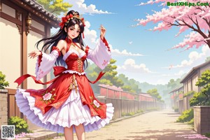 A woman in a red and white dress sitting on a window sill.