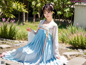 A woman in a pink and white hanbok is posing for a picture.