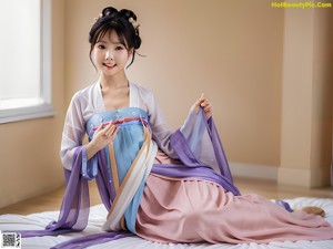 A woman in a white robe standing in a garden.