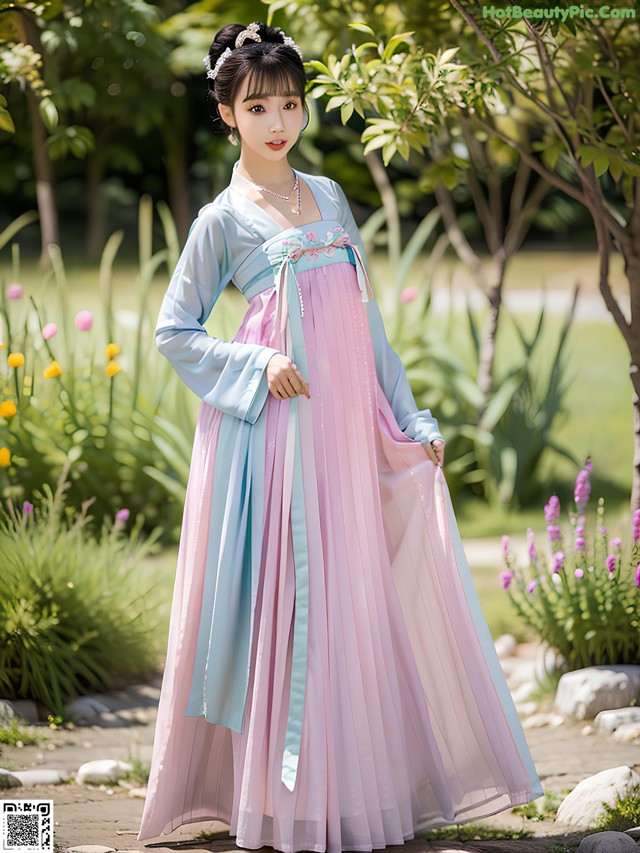 A woman in a pink and blue hanbok standing in a garden.