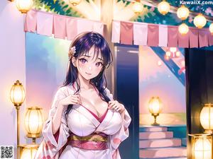 A woman in a kimono sitting on a table.