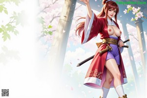 A woman in a red kimono stands in a cherry blossom forest, holding a sword.