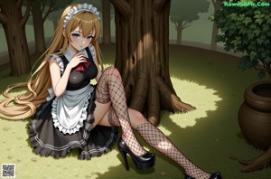 A woman in a maid outfit leaning against a wall.