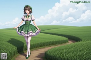 A girl in a green dress standing in a field.