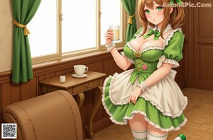 A woman in a green dress sitting on top of a desk.