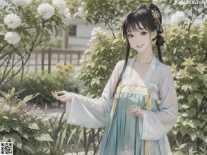 A woman in a white kimono is posing for a picture.