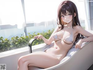 Anime girl with big tits sitting on a bed.