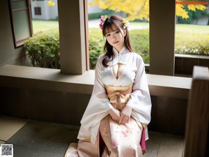 A woman in a pink kimono posing for the camera.