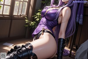 A woman in a purple dress sitting on a snow covered ground.