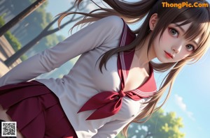 A girl in a school uniform is holding a string.