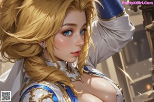 A woman with long blonde hair wearing a white and blue outfit.