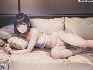 A woman in a white bathing suit sitting on a bed.
