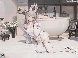 A girl sitting on a bed holding two stuffed animals.