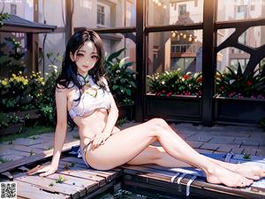 A woman in a blue bikini holding a flower.