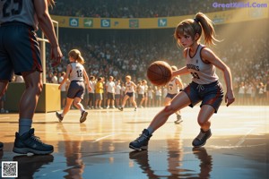 A woman in a red uniform is playing basketball.