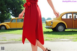 A woman in a red dress standing in front of a mirror.