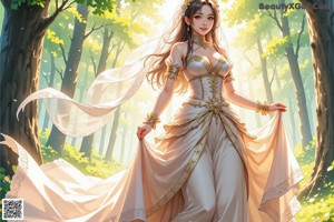 A woman in a wedding dress standing in the woods.
