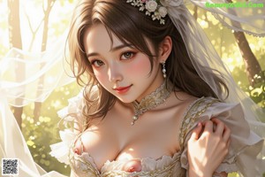 A woman in a wedding dress walking through a forest.