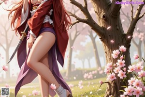 A woman in traditional attire with cherry blossoms and sunlight.