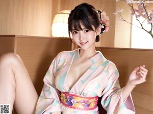 A woman in a blue and yellow kimono posing for a picture.